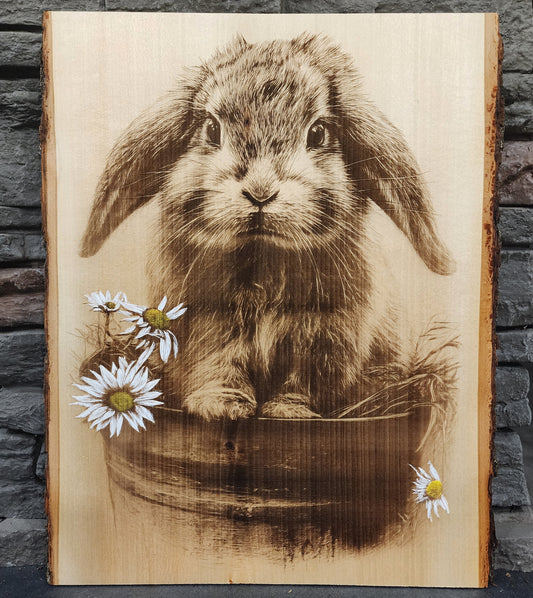 Floppy Ear Bunny Laser Engraving on Live Edge Wood – Rustic Farmhouse Animal Art