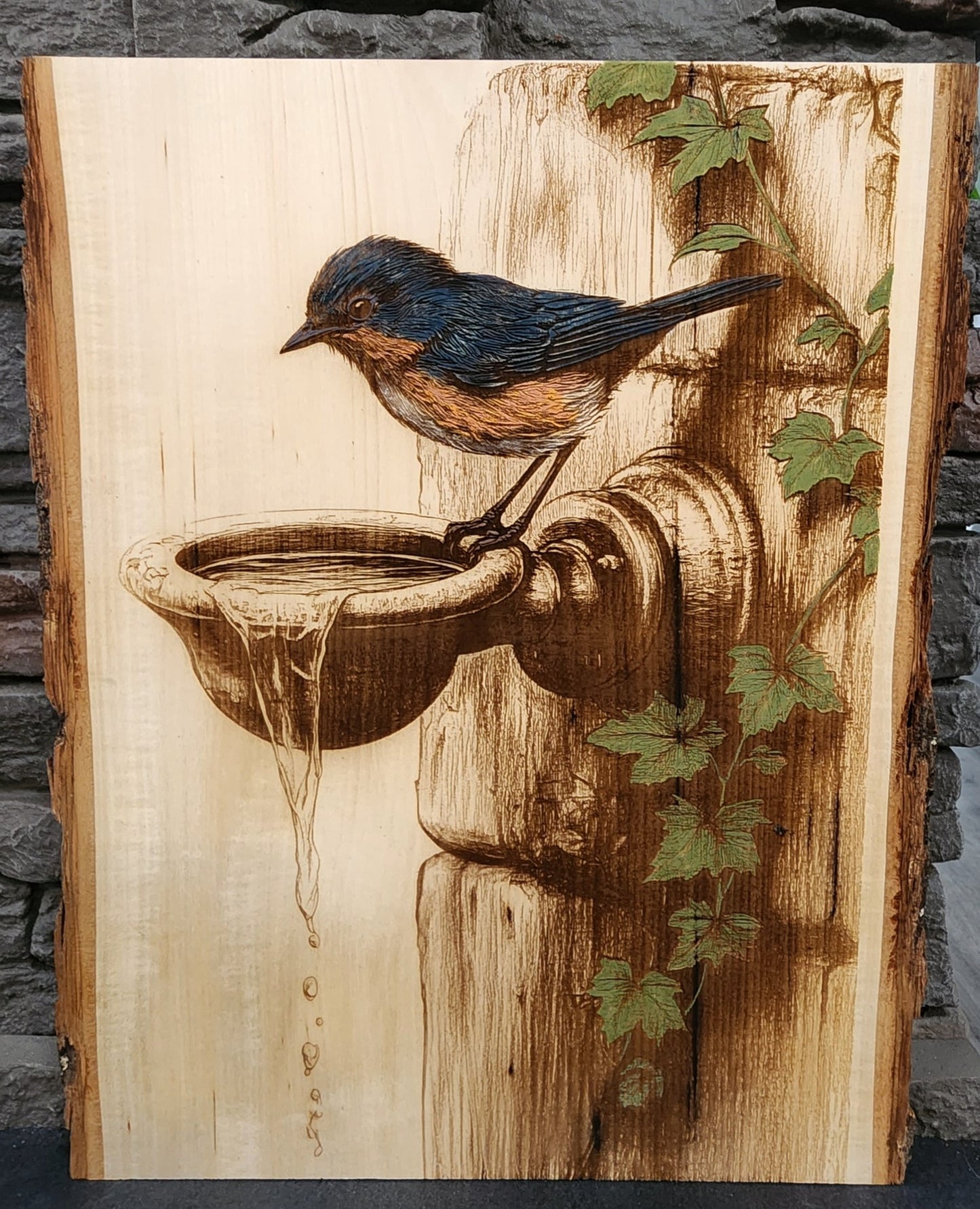 Bird at Birdbath Laser Engraving on Live Edge Wood – Rustic Nature Wall Art