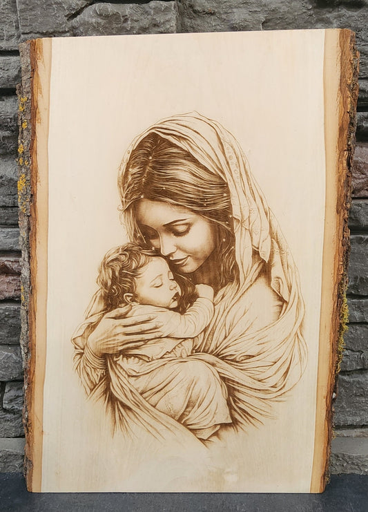 Mother Mary and Baby Jesus Laser Engraving on Live Edge Wood – Christian Wall Art