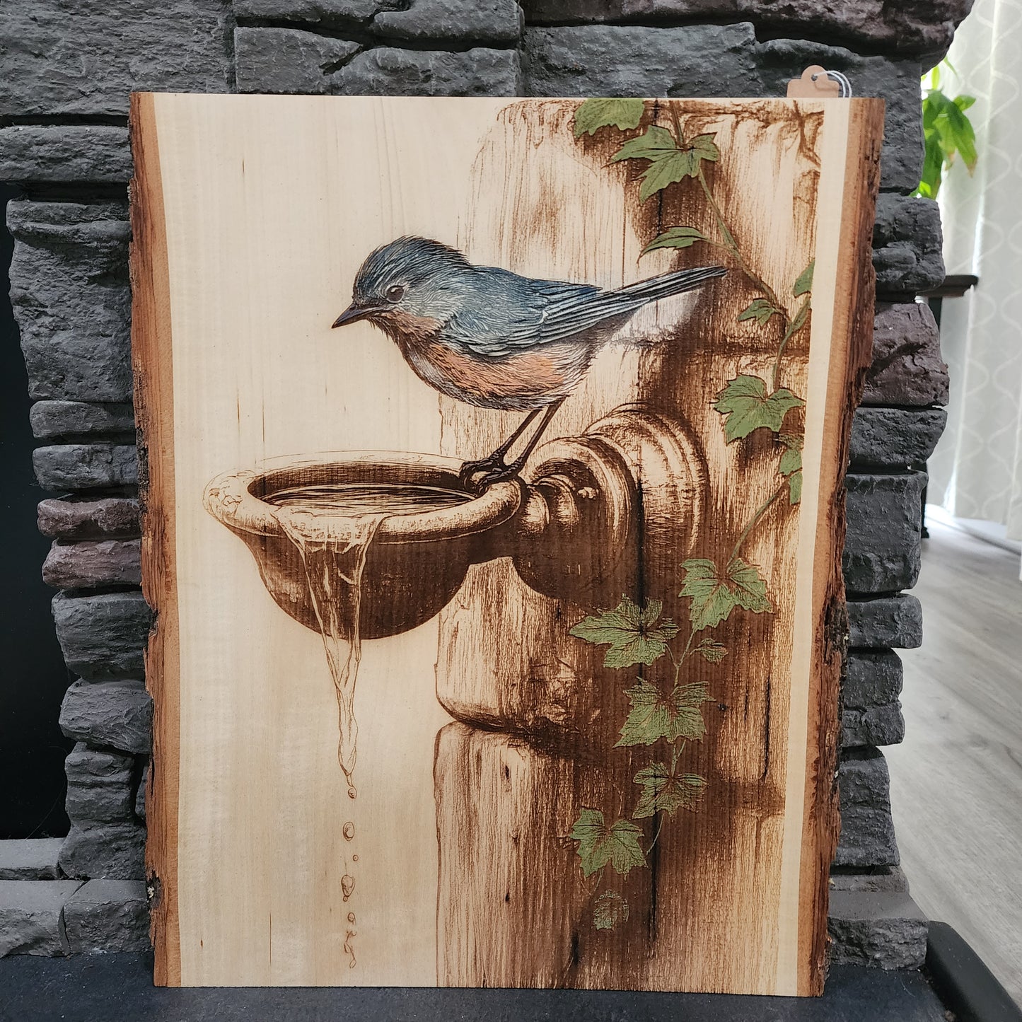 Bird at Birdbath Laser Engraving on Live Edge Wood – Rustic Nature Wall Art