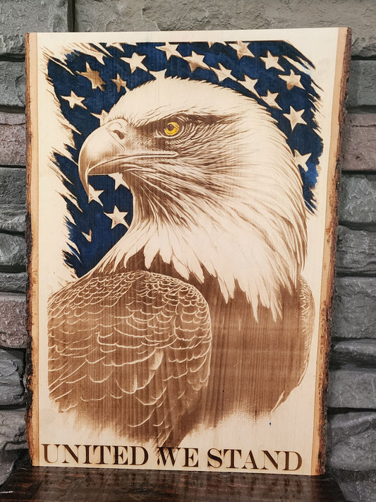 Eagle with American Flag Laser Engraving on Live Edge Wood – Patriotic Wall Art