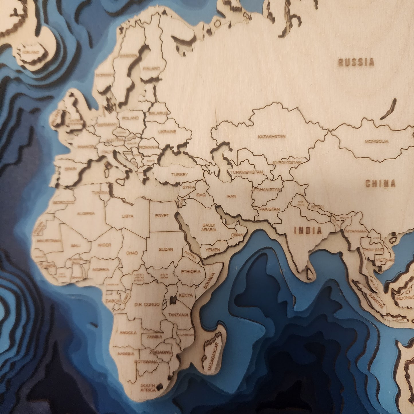 World Map - 11 Layers Wooden – 3D Laser Cut Wall Art with Ocean Depths