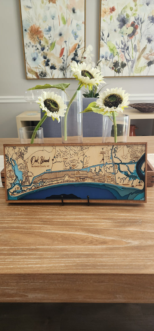 Oak Island NC Bathymetric Map – Layered Wood Nautical Chart