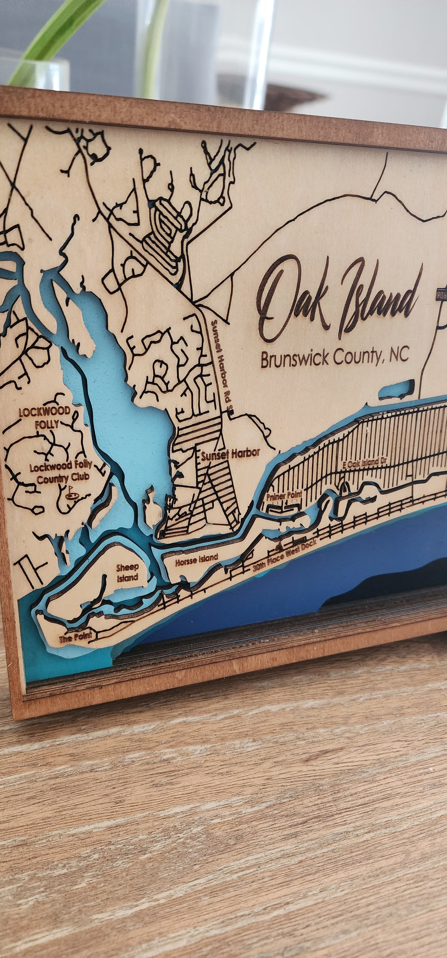 Oak Island NC Bathymetric Map – Layered Wood Nautical Chart