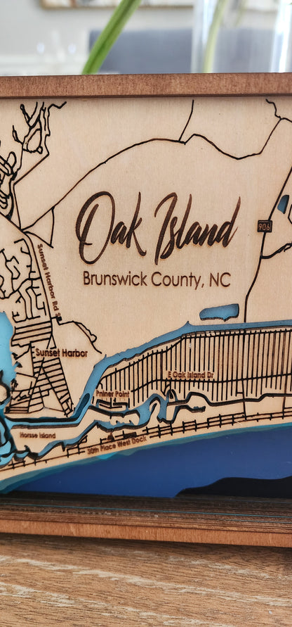 Oak Island NC Bathymetric Map – Layered Wood Nautical Chart