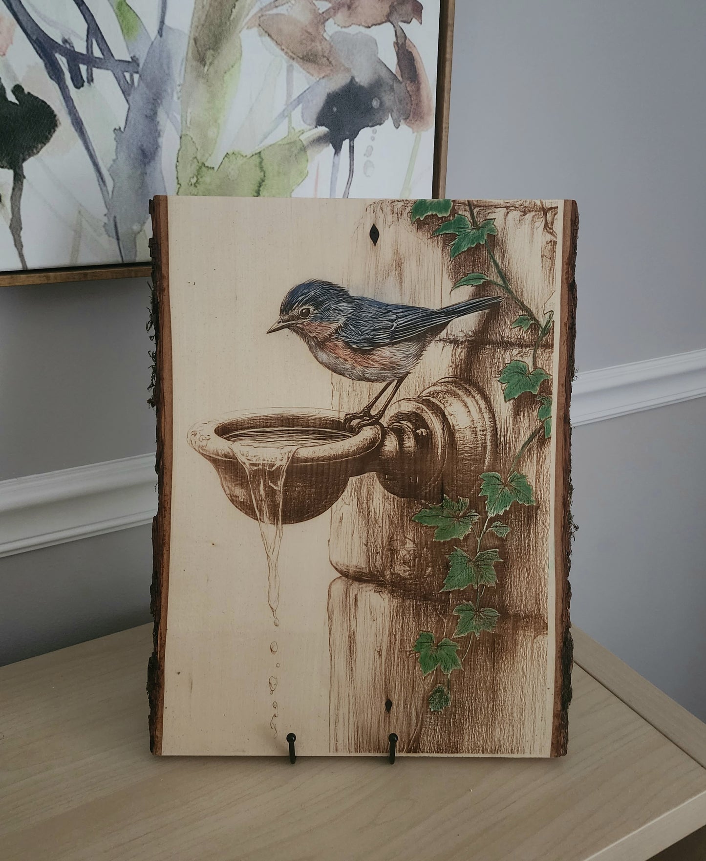 Bird at Birdbath Laser Engraving on Live Edge Wood – Rustic Nature Wall Art