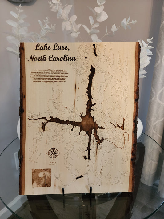 Lake Lure, North Carolina Live Edge Laser Engraved Map – Rustic Wall Art