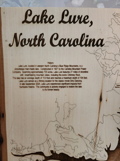 Lake Lure, North Carolina Live Edge Laser Engraved Map – Rustic Wall Art