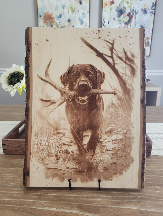 Black Lab Laser Engraving on Live Edge Wood – Hunting Dog Wall Art