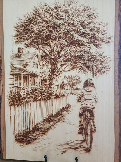 Small Town Peaceful Life Laser Engraving on Live Edge Wood – Girl on Bicycle Rustic Wall Art