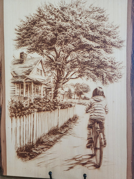 Small Town Peaceful Life Laser Engraving on Live Edge Wood – Girl on Bicycle Rustic Wall Art