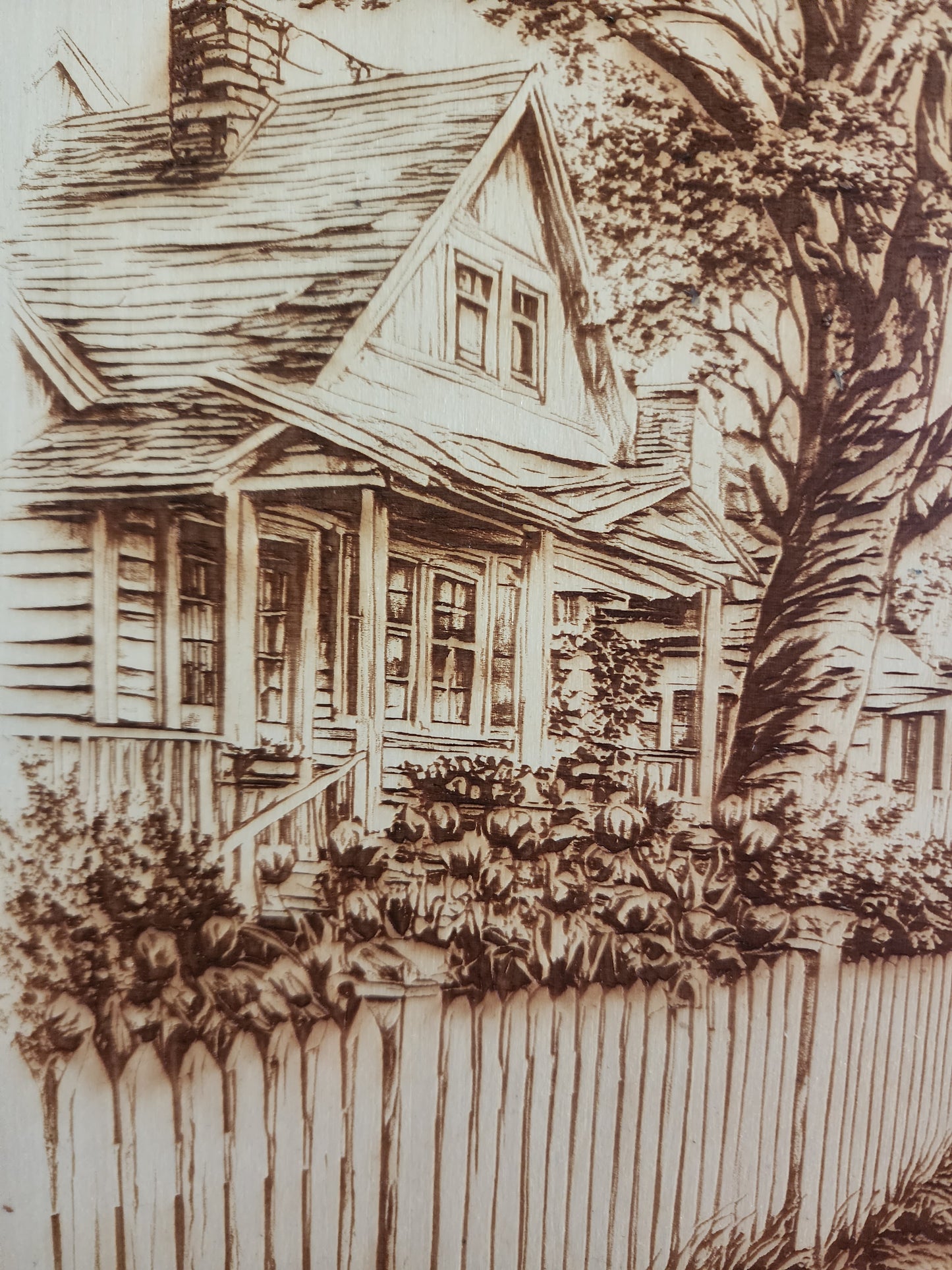 Small Town Peaceful Life Laser Engraving on Live Edge Wood – Girl on Bicycle Rustic Wall Art
