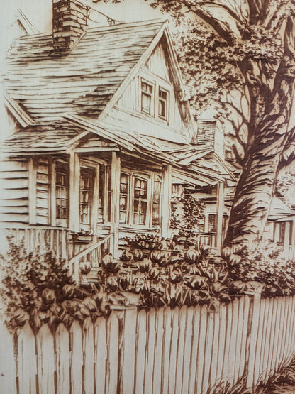 Small Town Peaceful Life Laser Engraving on Live Edge Wood – Girl on Bicycle Rustic Wall Art