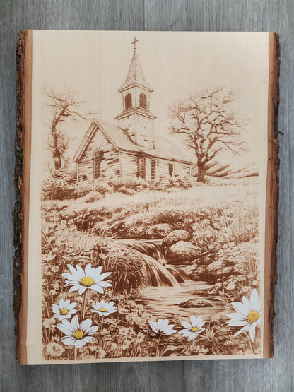 Country Church with Flowers Laser Engraving on Live Edge Wood – Rustic Christian Wall Art