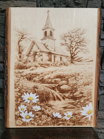 Country Church with Flowers Laser Engraving on Live Edge Wood – Rustic Christian Wall Art