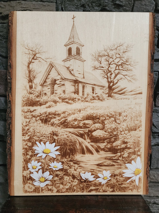 Country Church with Flowers Laser Engraving on Live Edge Wood – Rustic Christian Wall Art