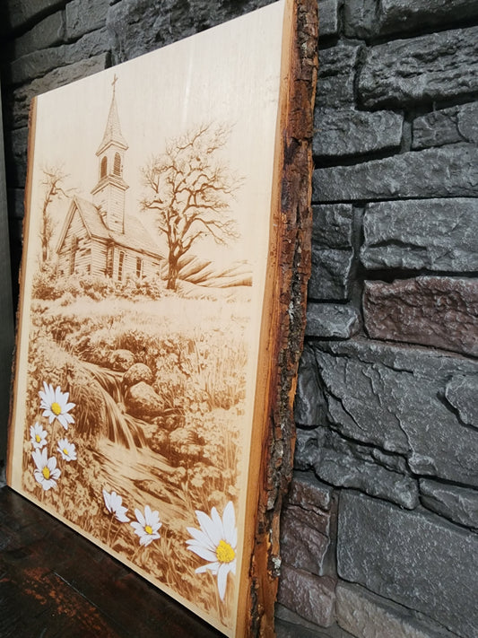 Country Church with Flowers Laser Engraving on Live Edge Wood – Rustic Christian Wall Art