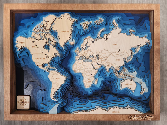 World Map - 11 Layers Wooden – 3D Laser Cut Wall Art with Ocean Depths
