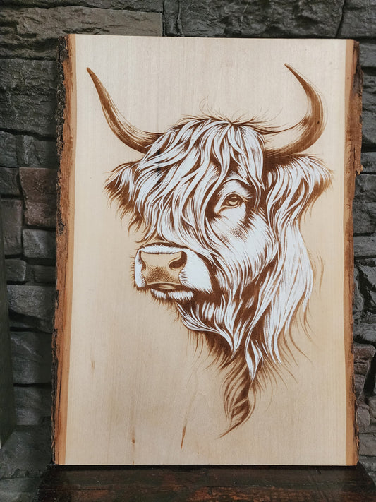 Highland Cow Live Edge Laser Engraving – Rustic Farmhouse Wall Art
