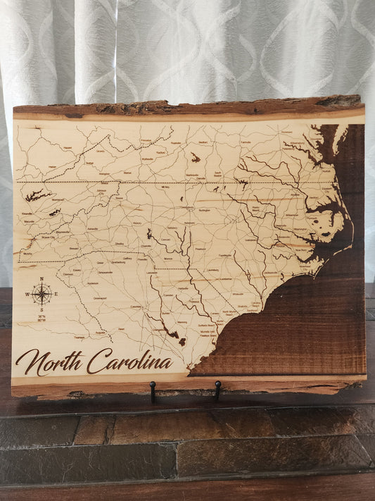 North Carolina Live Edge Laser Engraved Map – Rustic Wooden Wall Art