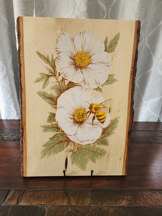 Bee and Flowers Live Edge Laser Engraving – Rustic Nature Wall Art