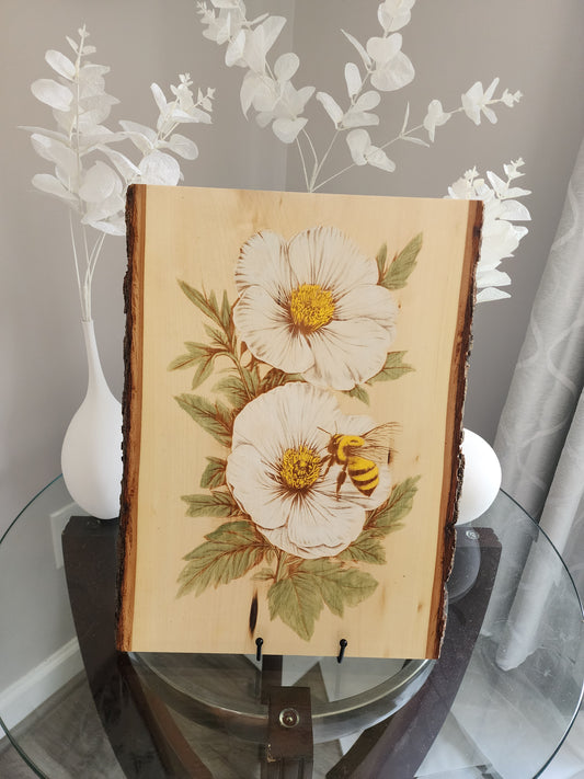 Bee and Flowers Live Edge Laser Engraving – Rustic Nature Wall Art