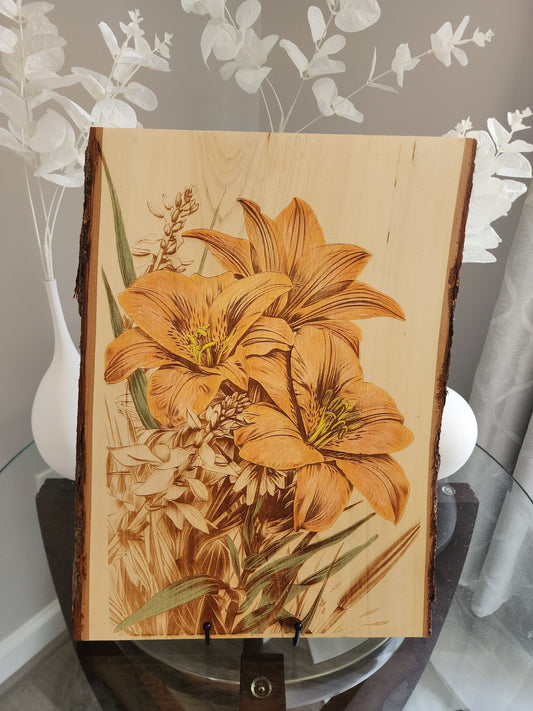 Daylily Live Edge Laser Engraving – Rustic Floral Wall Art