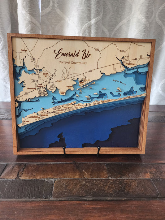 Emerald Isle NC Bathymetric Map – Layered Wood Nautical Chart