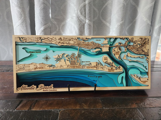 Atlantic Beach NC Bathymetric Map – Layered Wood Nautical Chart