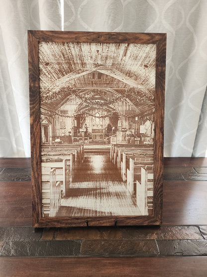 Framed Laser Engraving – Rustic Country Church Interior