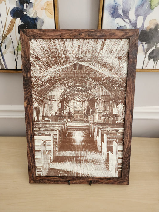 Framed Laser Engraving – Rustic Country Church Interior
