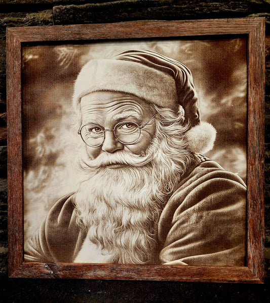Laser Engraved Santa Portrait with Wooden Frame – Realistic Christmas Art
