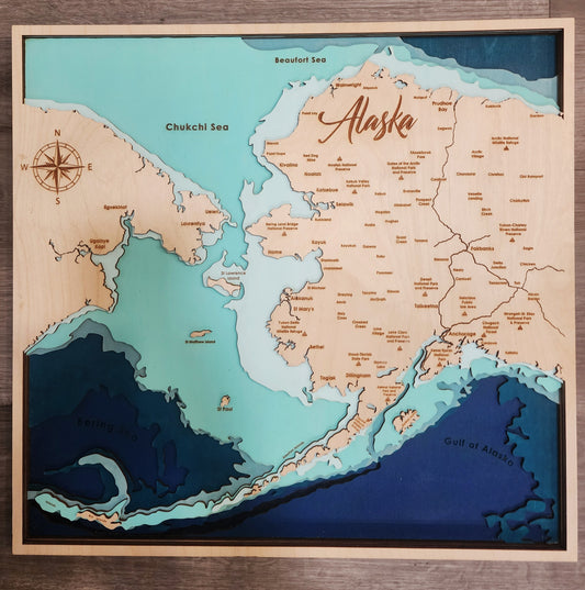 Layered Alaska Topographic Wood Map – Multi-Depth Laser-Cut Wall Art