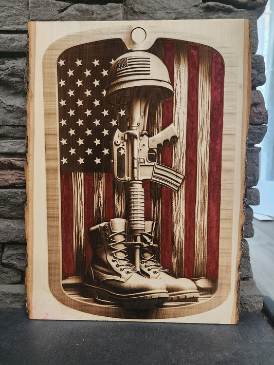 Fallen Soldier Memorial Engraving – Boots, Rifle & Helmet on American Flag