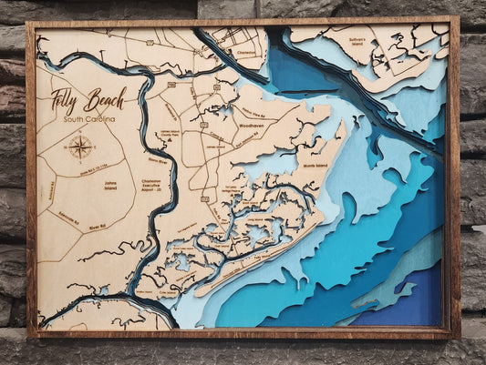 Folly Beach, South Carolina – 3D Layered Bathymetric Wood Map