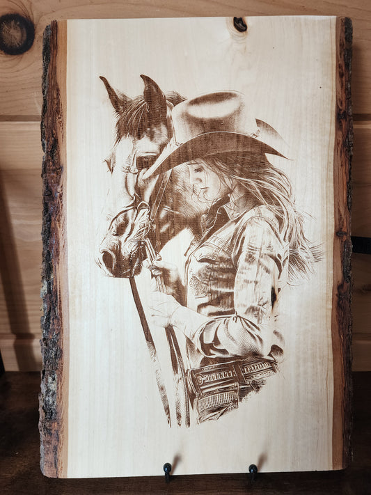 Cowgirl & Horse Moment – Laser-Engraved Live Edge Basswood Western Art