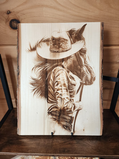 Cowgirl with Horse – Laser-Engraved Live Edge Basswood Western Art