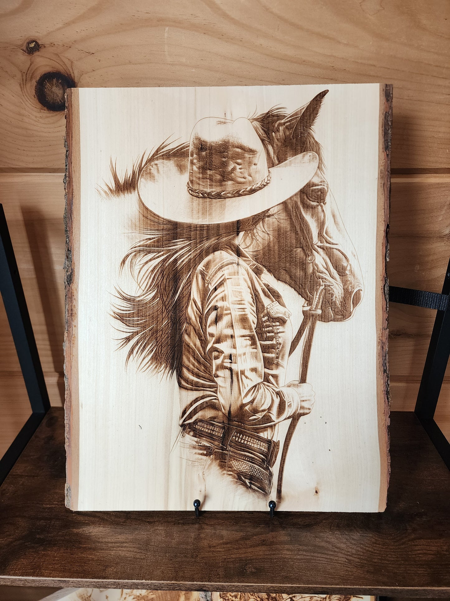 Cowgirl with Horse – Laser-Engraved Live Edge Basswood Western Art
