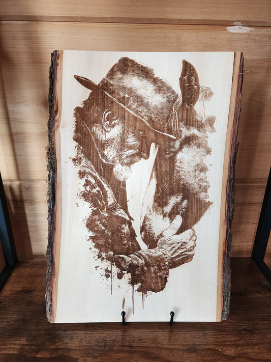 Old Cowboy & Horse – Laser-Engraved Live Edge Basswood Western Portrait