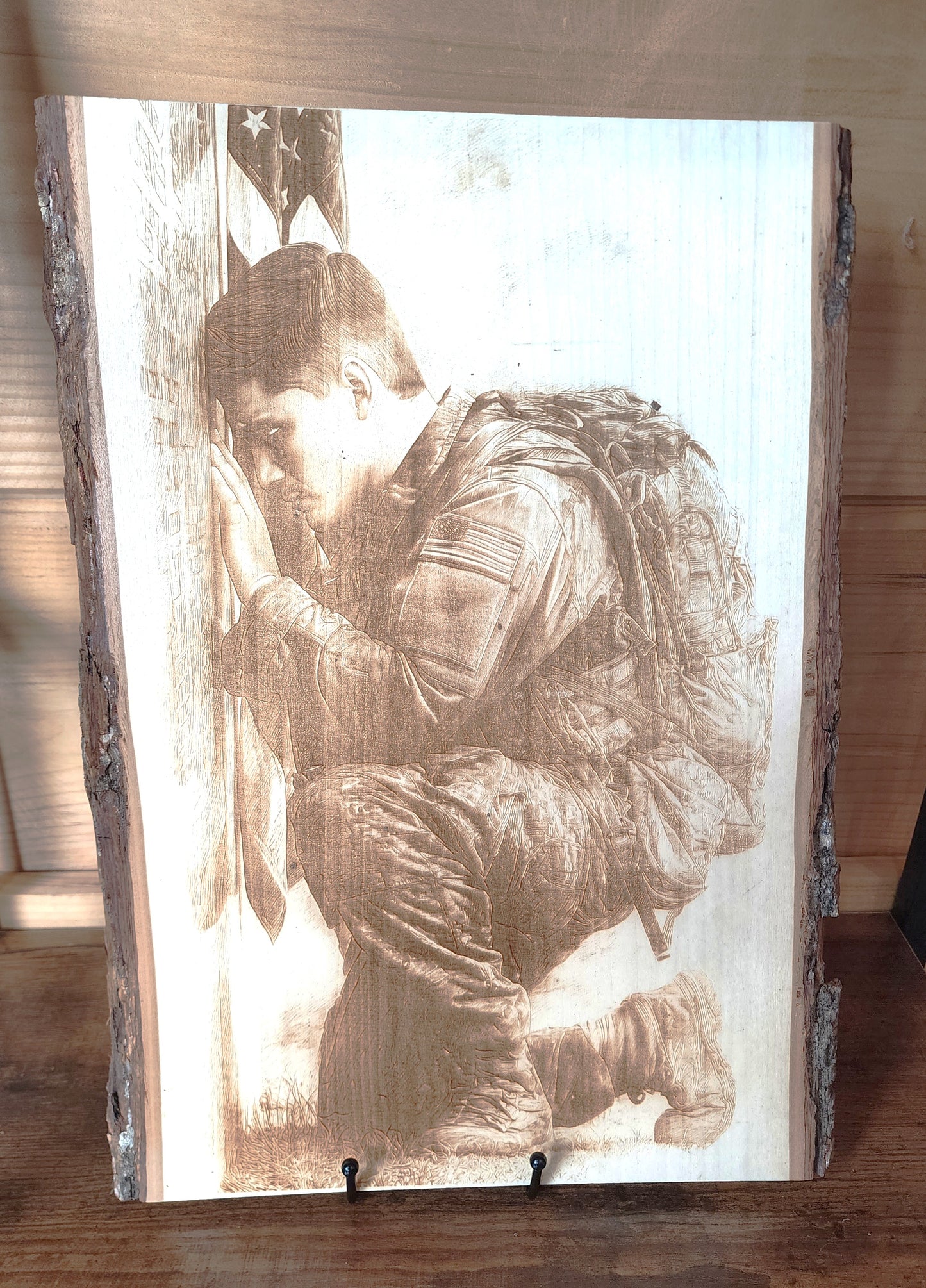 Fallen Hero Tribute – Laser-Engraved Live Edge Basswood Military Memorial Art