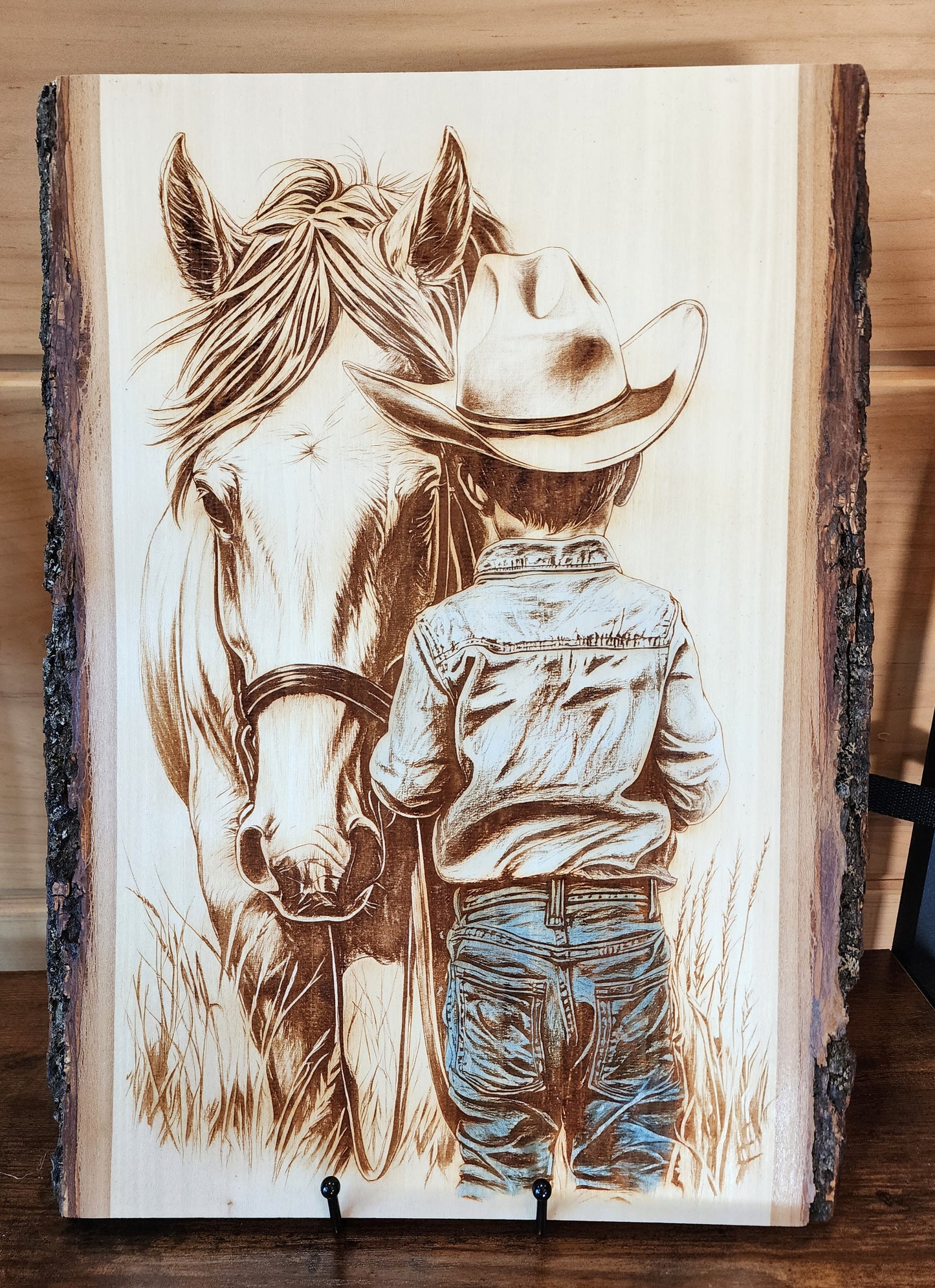 Cowboy Boy with Horse – Laser-Engraved Live Edge Basswood Western Art
