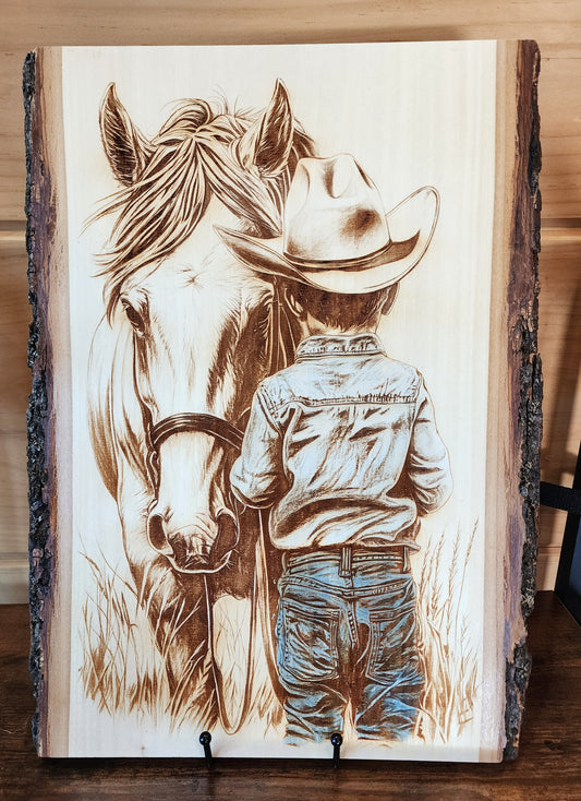 Cowboy Boy with Horse – Laser-Engraved Live Edge Basswood Western Art