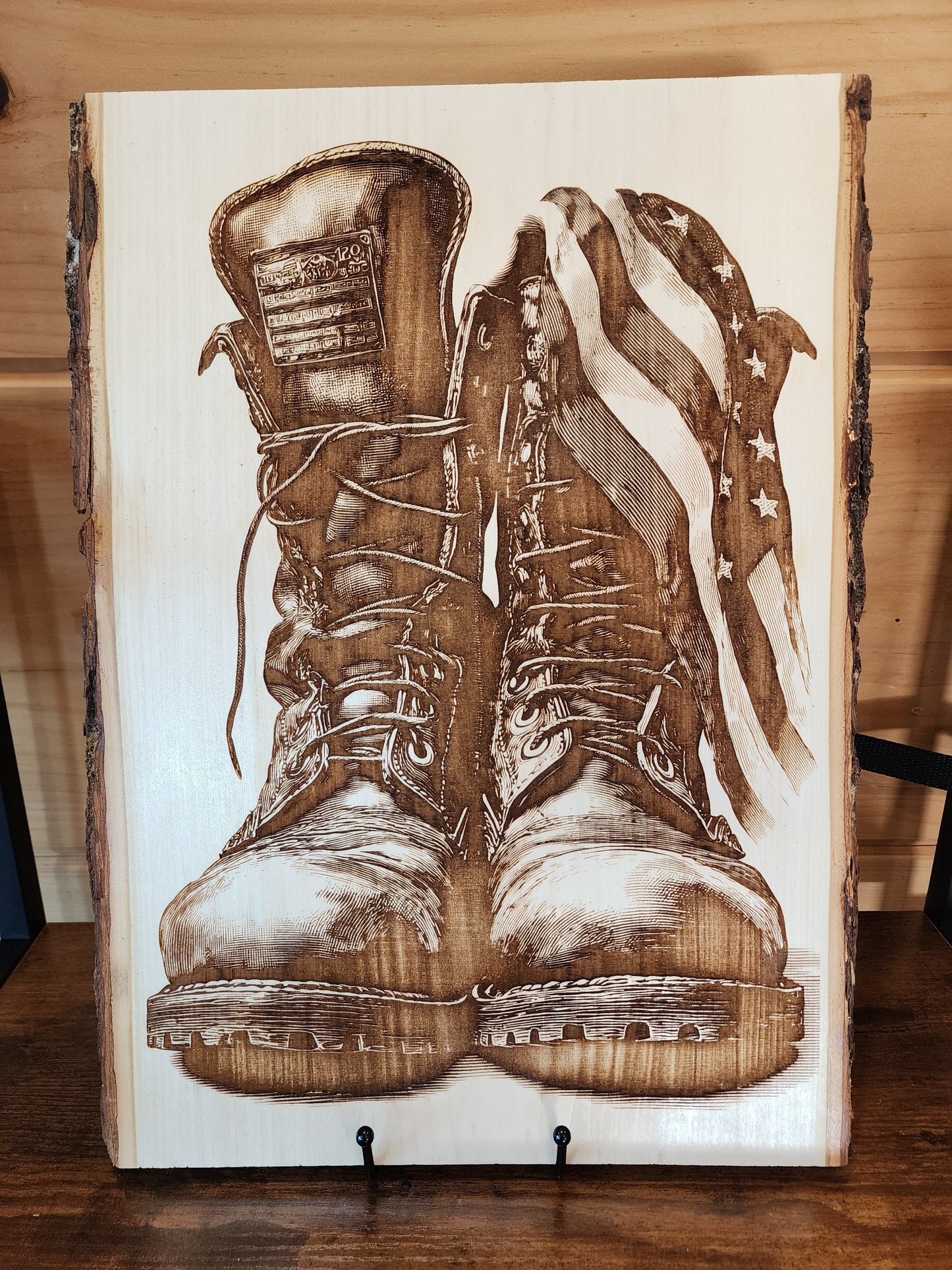 Patriotic Military Boots with American Flag – Laser-Engraved Live Edge Basswood Art
