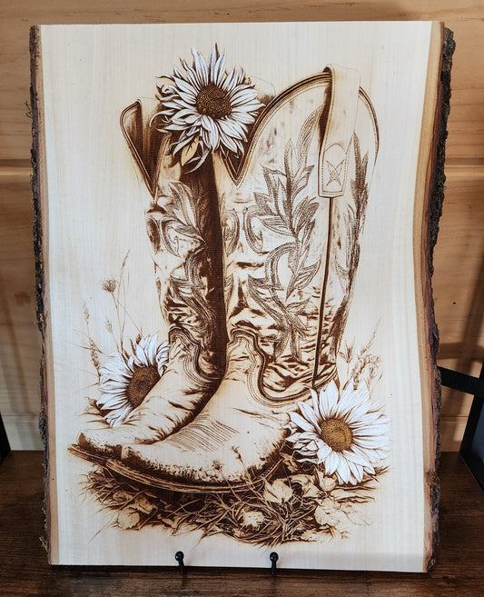 Western Cowboy Boots with Daisies – Laser-Engraved Live Edge Basswood Art