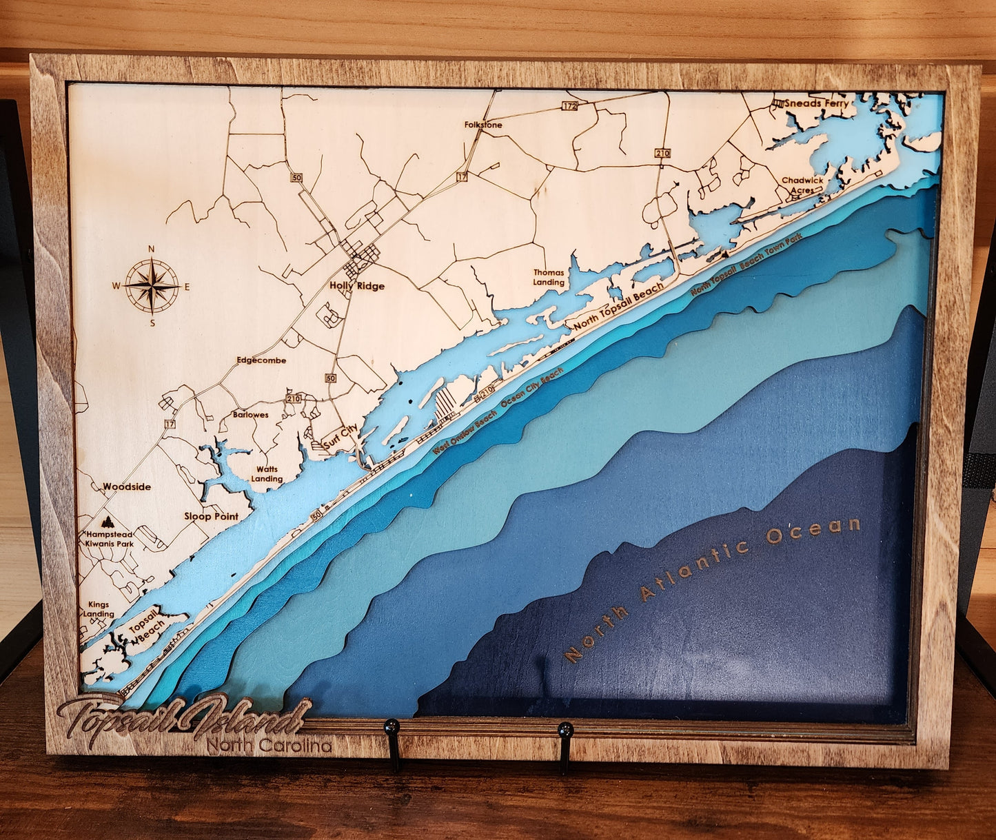 Topsail Island, North Carolina Layered Wood Map – 3D Coastal Laser-Cut Wall Art