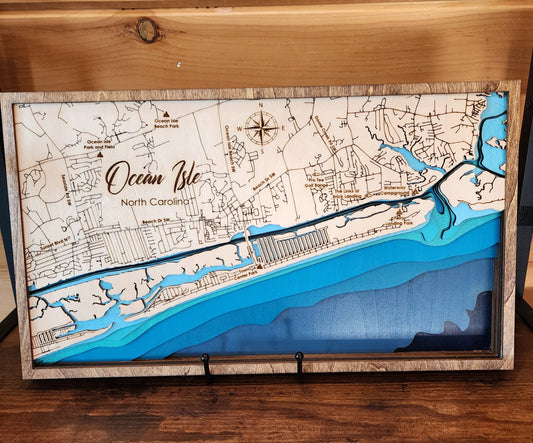 Ocean Isle, North Carolina Layered Wood Map – 3D Coastal Laser-Cut Wall Art