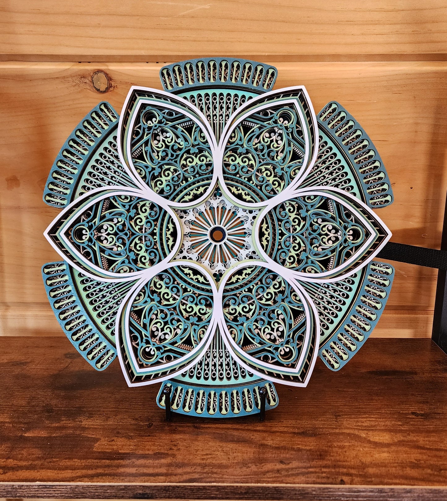 Layered Teal & Gold Lotus Mandala – Intricate 3D Laser-Cut Wall Art