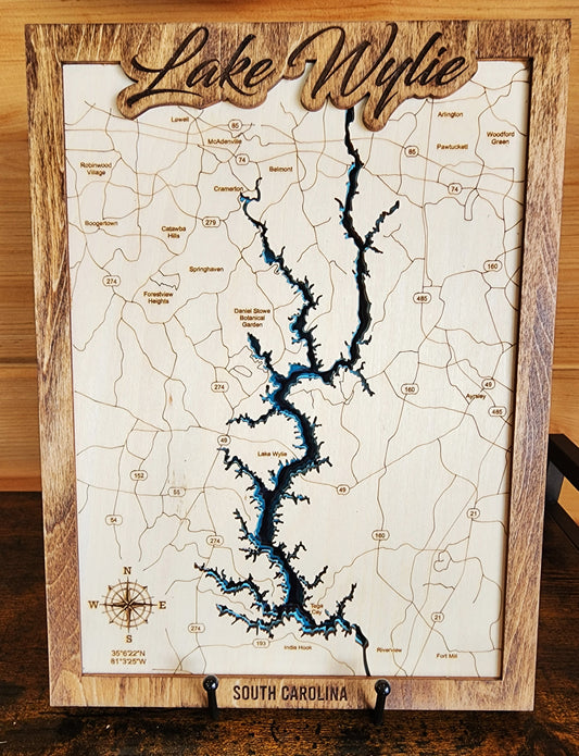 Laser Cut 6 Layer Lake Wylie SC Map – 3D Topographic Decoration Art