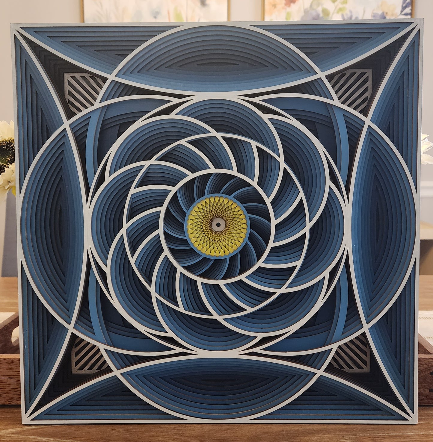 Layered Geometric Mandala in Deep Blues – Precision Laser-Cut Wall Art