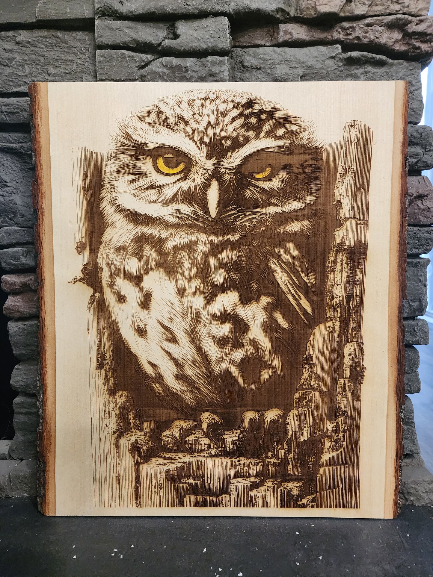 Laser-Engraved Owl on Live Edge Wood – Rustic Wildlife Wall Art